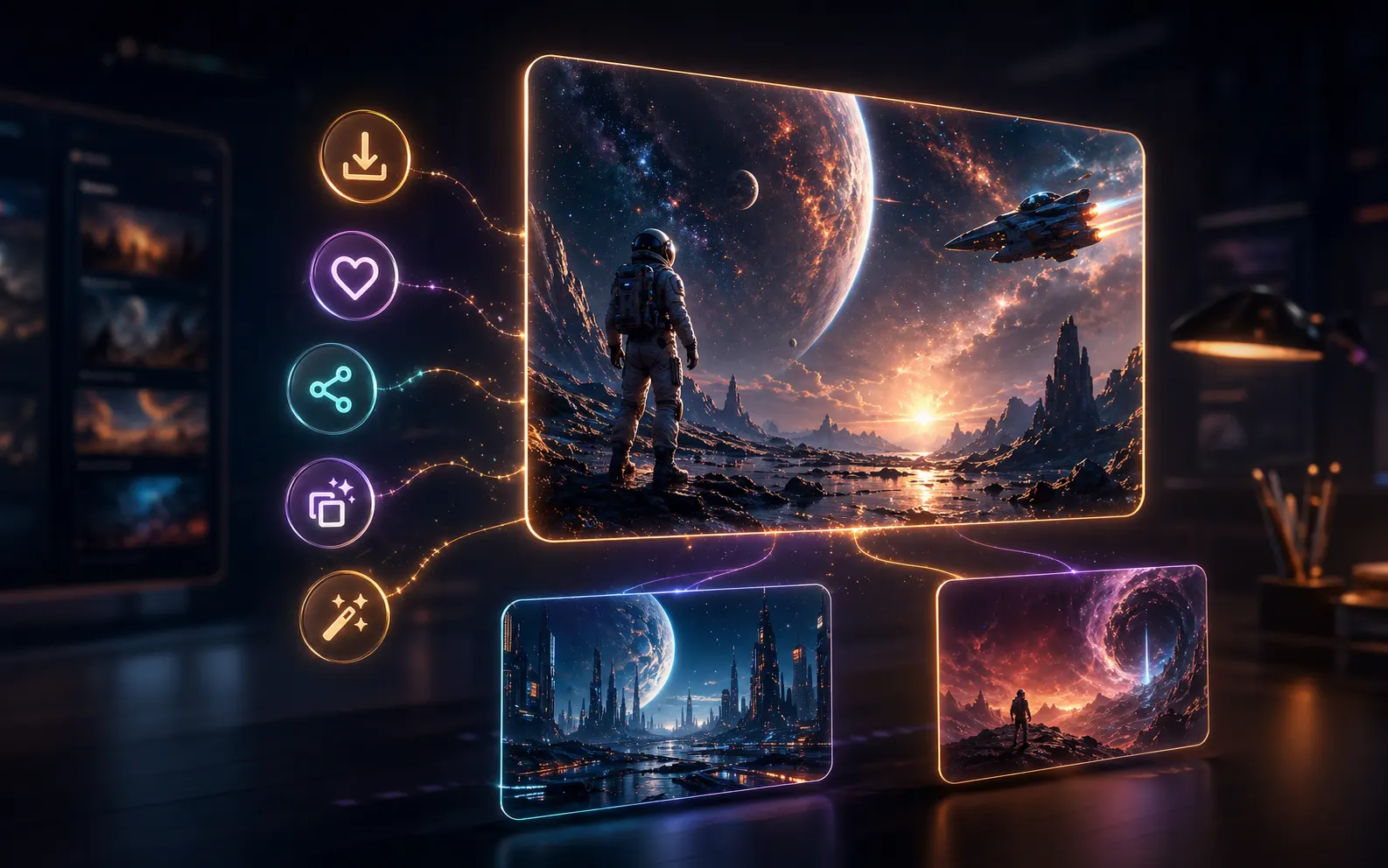 GPT Image 2 history workspace showing image detail actions for download, saving, sharing, and creating another version