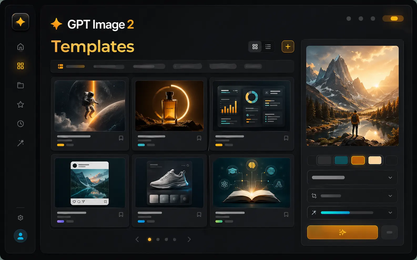 GPT Image 2 template workspace with scene categories, prompt template cards, and a generated image preview